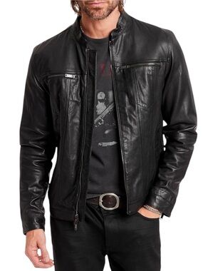 John Varvatos Star USA Black Lambskin leather band collar moto jacket.SZ XL